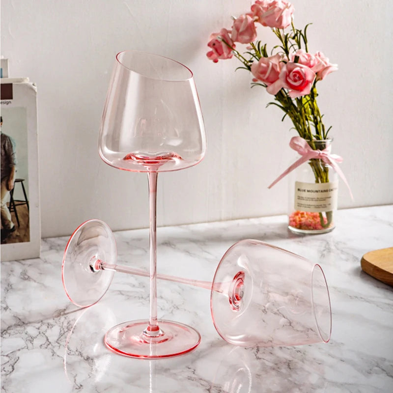 2pcs Pink Crystal Wine / Champagne Glass Oblique Mouth Goblet