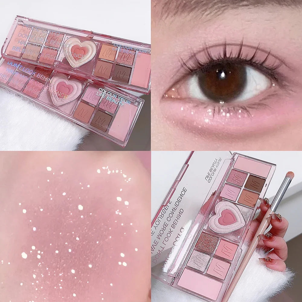 All in One Heart Glitter Nude Pink Eyeshadow, Powder blusher & Highlight Palette